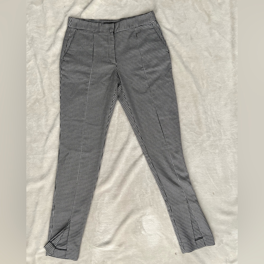 Zara Houndstooth Work Pants With Slit Flare Bottoms